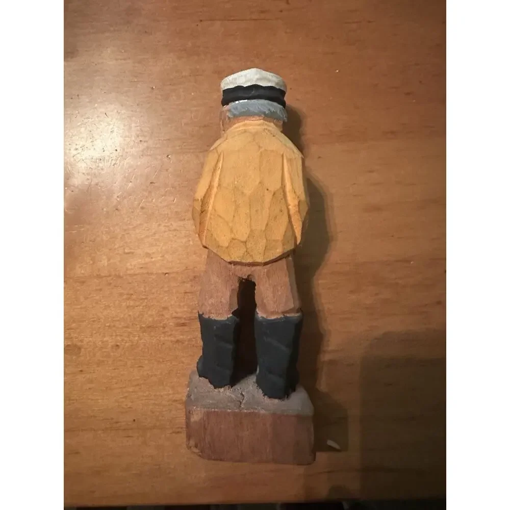 Hand-Carved Wood Sailor Captain Figurine w/ Pipe Nautical Folk Art